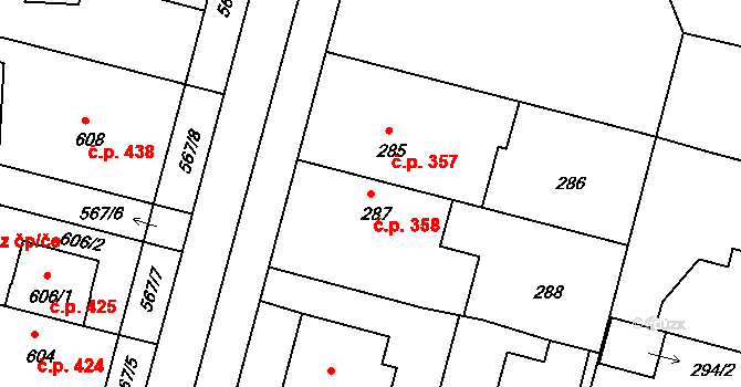 Kamenice nad Lipou 358 na parcele st. 287 v KÚ Kamenice nad Lipou, Katastrální mapa