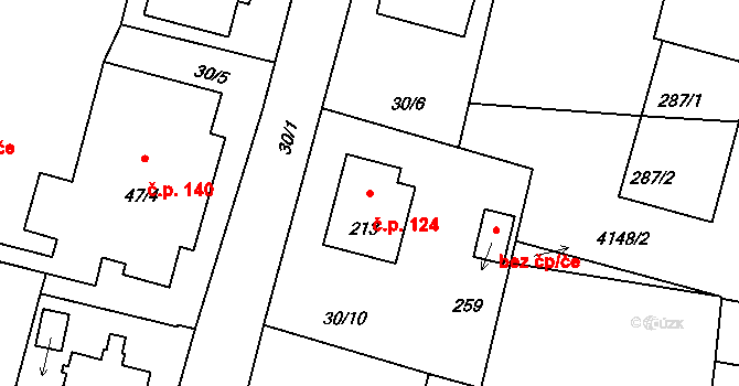Kozojedy 124 na parcele st. 213 v KÚ Kozojedy u Kralovic, Katastrální mapa