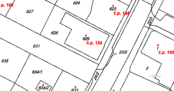 Zruč 124, Zruč-Senec na parcele st. 629 v KÚ Zruč, Katastrální mapa