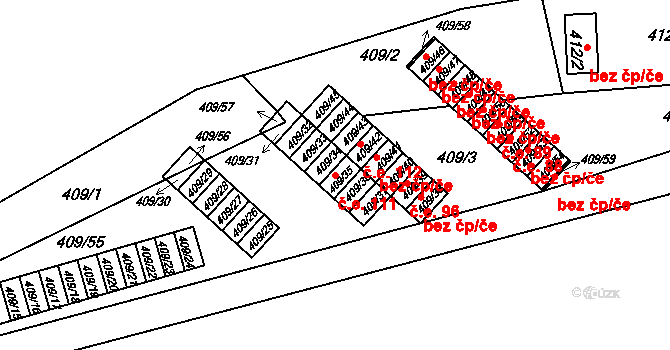 Radonice 111 na parcele st. 409/35 v KÚ Radonice u Kadaně, Katastrální mapa