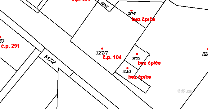Rožďalovice 104 na parcele st. 321/1 v KÚ Rožďalovice, Katastrální mapa