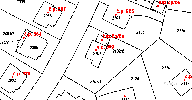 Roztoky 590 na parcele st. 2101 v KÚ Roztoky u Prahy, Katastrální mapa