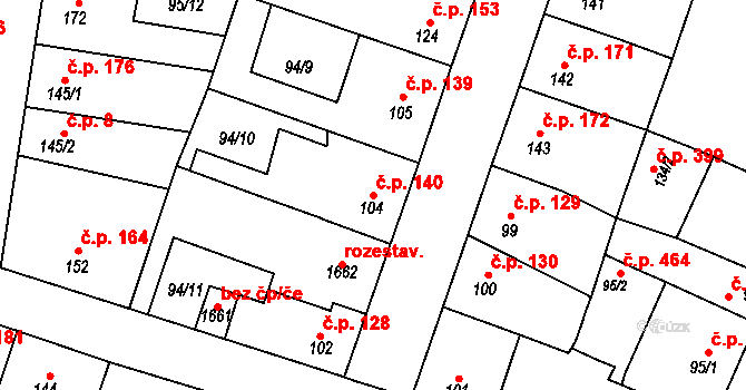 Rozdělov 140, Kladno na parcele st. 104 v KÚ Rozdělov, Katastrální mapa