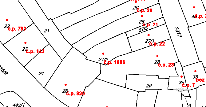 Pelhřimov 1886 na parcele st. 27/2 v KÚ Pelhřimov, Katastrální mapa