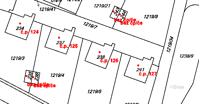 Měrunice 126 na parcele st. 238 v KÚ Měrunice, Katastrální mapa