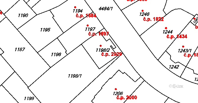 Teplice 2929 na parcele st. 1198/2 v KÚ Teplice, Katastrální mapa