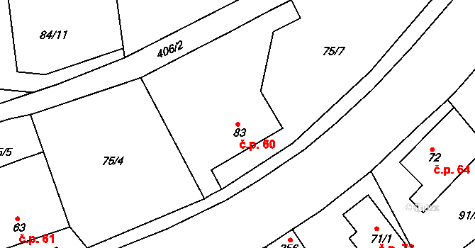 Borek 60, Rokycany na parcele st. 83 v KÚ Borek u Rokycan, Katastrální mapa