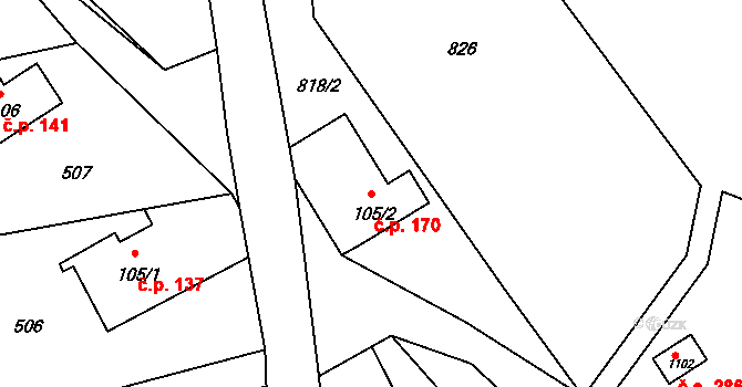 Jílové 170 na parcele st. 105/2 v KÚ Jílové u Děčína, Katastrální mapa