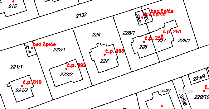 Ruzyně 263, Praha na parcele st. 223 v KÚ Ruzyně, Katastrální mapa