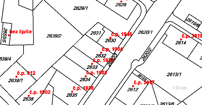Chomutov 1934 na parcele st. 2632 v KÚ Chomutov I, Katastrální mapa