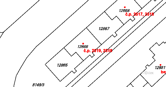 Jižní Předměstí 2518,2519, Plzeň na parcele st. 12865 v KÚ Plzeň, Katastrální mapa