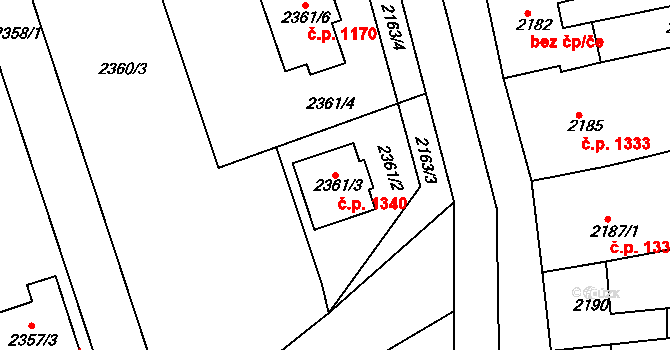 Slavíkovice 1340, Rousínov na parcele st. 2361/3 v KÚ Rousínov u Vyškova, Katastrální mapa