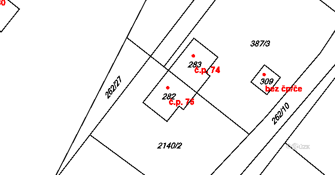 Bujanov 75 na parcele st. 282 v KÚ Suchdol u Bujanova, Katastrální mapa