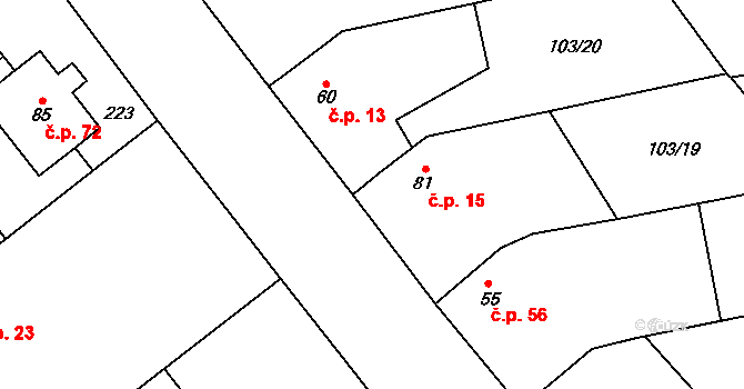 Horky 15, Želetava na parcele st. 81 v KÚ Horky u Želetavy, Katastrální mapa