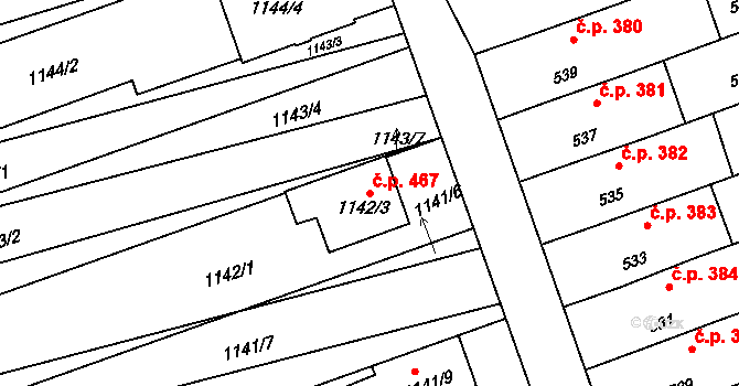 Žabčice 467 na parcele st. 1142/3 v KÚ Žabčice, Katastrální mapa
