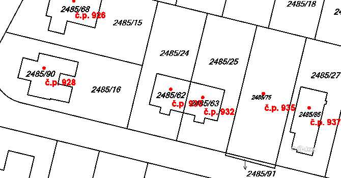 Modřice 930 na parcele st. 2485/62 v KÚ Modřice, Katastrální mapa