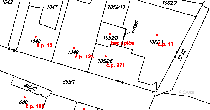 Pudlov 371, Bohumín na parcele st. 1052/6 v KÚ Pudlov, Katastrální mapa