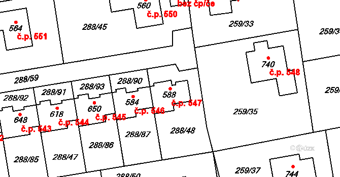 Vysoká nad Labem 547 na parcele st. 588 v KÚ Vysoká nad Labem, Katastrální mapa