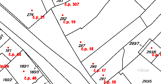 Bystřice nad Pernštejnem 18 na parcele st. 287 v KÚ Bystřice nad Pernštejnem, Katastrální mapa