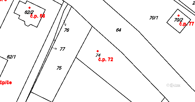 Katov 72 na parcele st. 74 v KÚ Katov, Katastrální mapa