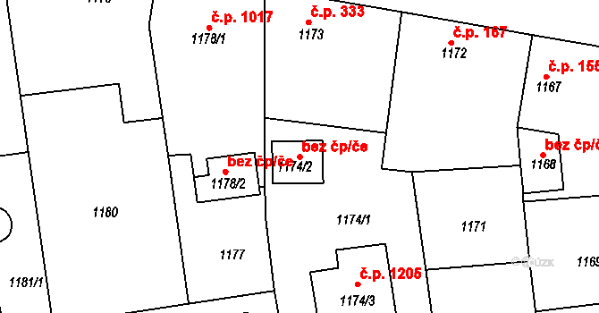 Třemošná 39634116 na parcele st. 1174/2 v KÚ Třemošná, Katastrální mapa