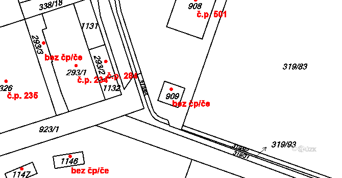 Znojmo 47919116 na parcele st. 909 v KÚ Přímětice, Katastrální mapa
