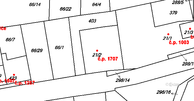 Švermov 1707, Kladno na parcele st. 21/2 v KÚ Hnidousy, Katastrální mapa