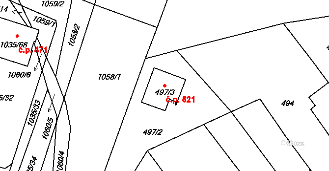 Senec 521, Zruč-Senec na parcele st. 497/3 v KÚ Senec u Plzně, Katastrální mapa