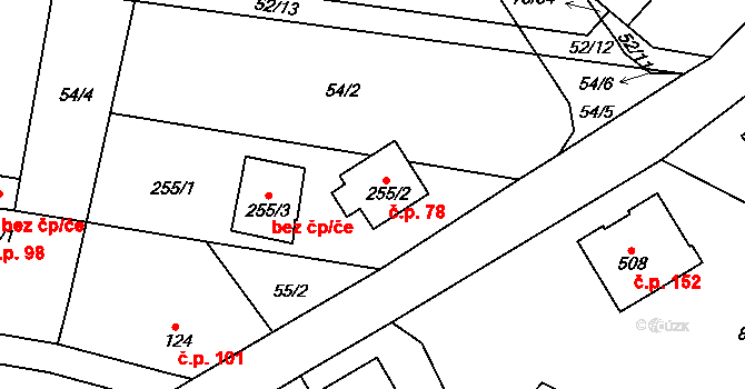 Byškovice 78, Neratovice na parcele st. 255/2 v KÚ Byškovice, Katastrální mapa