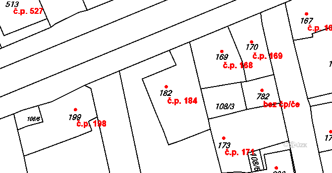 Rudná 184 na parcele st. 182 v KÚ Dušníky u Rudné, Katastrální mapa
