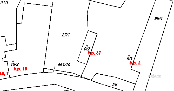 Přepychy 37 na parcele st. 9/2 v KÚ Přepychy, Katastrální mapa