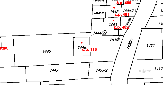 Postřelmov 116 na parcele st. 1445 v KÚ Postřelmov, Katastrální mapa