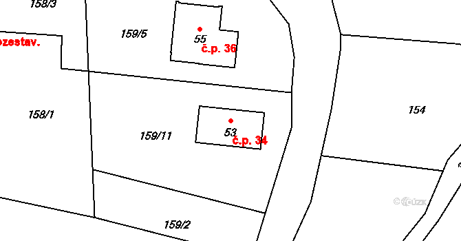 Dolní Miletín 34, Lišov na parcele st. 53 v KÚ Dolní Miletín, Katastrální mapa