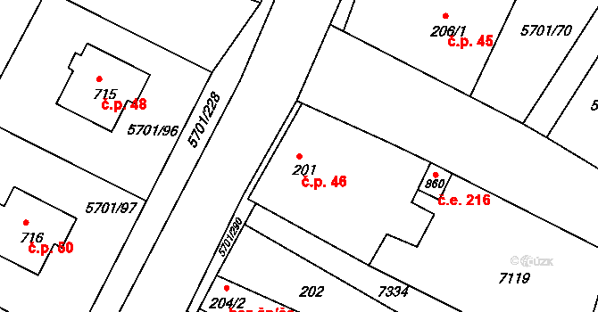 Hrádek 46 na parcele st. 201 v KÚ Hrádek u Znojma, Katastrální mapa