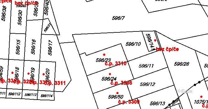 Znojmo 3310 na parcele st. 596/23 v KÚ Znojmo-Louka, Katastrální mapa