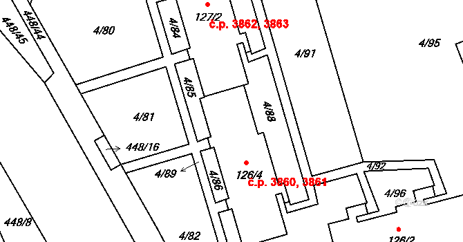 Mšeno nad Nisou 3860,3861, Jablonec nad Nisou na parcele st. 126/4 v KÚ Mšeno nad Nisou, Katastrální mapa