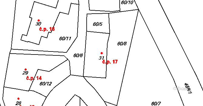Husinec 17 na parcele st. 31 v KÚ Husinec u Řeže, Katastrální mapa