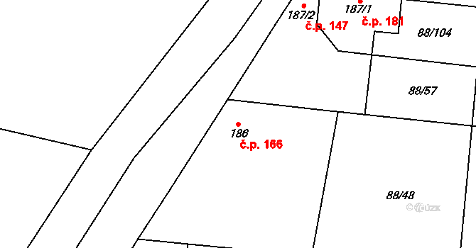 Hospozín 166 na parcele st. 186 v KÚ Hospozín, Katastrální mapa
