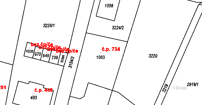 Lysice 734 na parcele st. 1083 v KÚ Lysice, Katastrální mapa