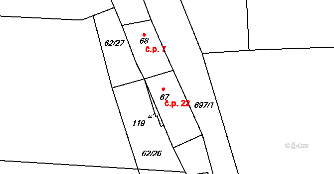 Lipá 22, Třebenice na parcele st. 67 v KÚ Mrsklesy, Katastrální mapa
