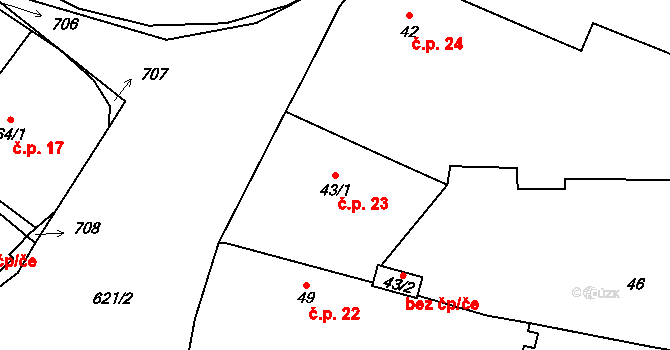 Milíčeves 23, Slatiny na parcele st. 43/1 v KÚ Milíčeves, Katastrální mapa