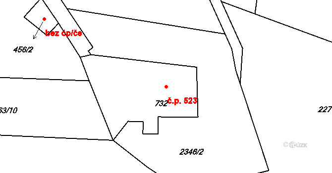 Rožnov pod Radhoštěm 523 na parcele st. 732 v KÚ Rožnov pod Radhoštěm, Katastrální mapa