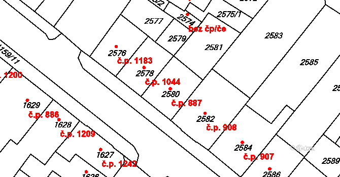Roudnice nad Labem 887 na parcele st. 2580 v KÚ Roudnice nad Labem, Katastrální mapa