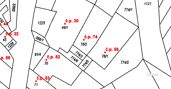 Koválovice u Tištína 74, Koválovice-Osíčany na parcele st. 78/2 v KÚ Koválovice u Tištína, Katastrální mapa