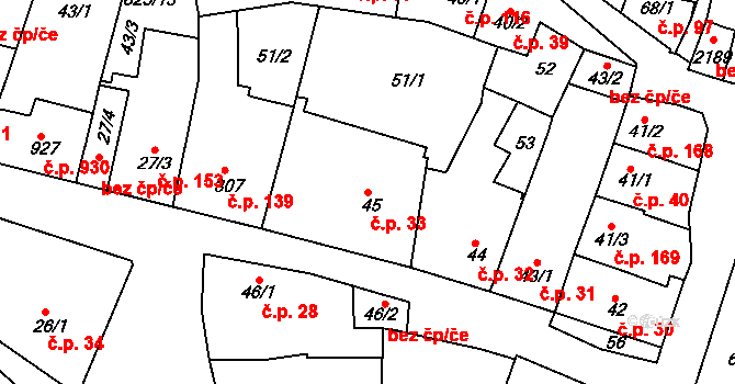 Podklášteří 33, Třebíč na parcele st. 45 v KÚ Podklášteří, Katastrální mapa
