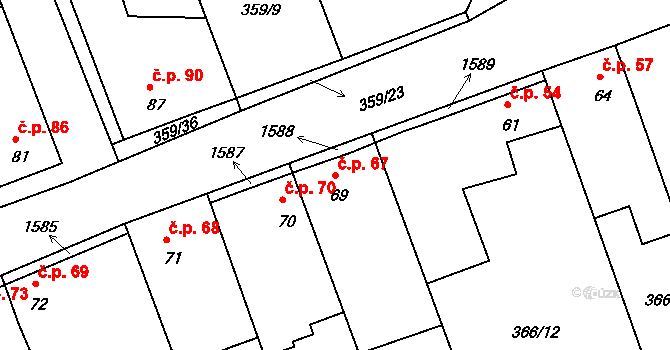 Obora 67 na parcele st. 69 v KÚ Obora u Loun, Katastrální mapa