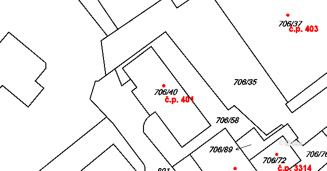 Frýdek 401, Frýdek-Místek na parcele st. 706/40 v KÚ Frýdek, Katastrální mapa