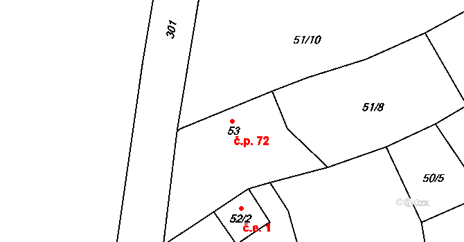 Rybničná 72, Bochov na parcele st. 53 v KÚ Rybničná, Katastrální mapa