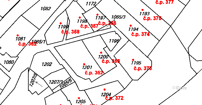 Karlovy Vary 353 na parcele st. 1200 v KÚ Karlovy Vary, Katastrální mapa