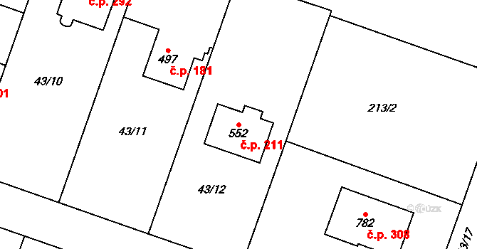 Jevany 211 na parcele st. 552 v KÚ Jevany, Katastrální mapa
